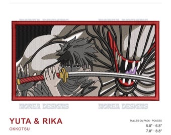 May include: Machine embroidery design featuring Yuta Okkotsu holding a katana with a red handle and gold guard, positioned in front of the creature Rika. The rectangular design has a red border and includes the text Yuta & Rika.