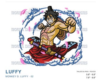 May include: Machine embroidery design of Monkey D. Luffy from One Piece, featuring the character in a dynamic pose with a sword, surrounded by blue water swirls and pink cherry blossom petals. Text includes "MOREA DESIGNS", "ONE PIECE", "LUFFY", and "MONKEY D. LUFFY 02".