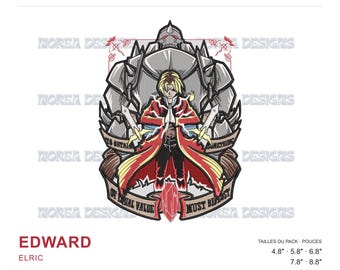 May include: An embroidery design featuring a blonde character in a red coat standing before a large armored figure. The design includes swords, a red crystal, and a banner with the text: To obtain something of equal value must be lost.