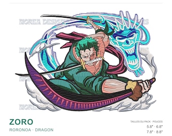 May include: An embroidery design file featuring a green-haired character holding three swords, with a blue dragon outline in the background. Text includes MOREA DESIGNS, ONE PIECE, ZORO, RORONOA, DRAGON, and sizes 5.8, 6.8, 7.8, and 8.8 inches.