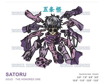 May include: Machine embroidery design featuring an anime character with spiky hair and round sunglasses, surrounded by multiple purple-toned hands pointing inward. The text includes the Japanese characters 五条悟, SATORU, and GOJO THE HONORED ONE.