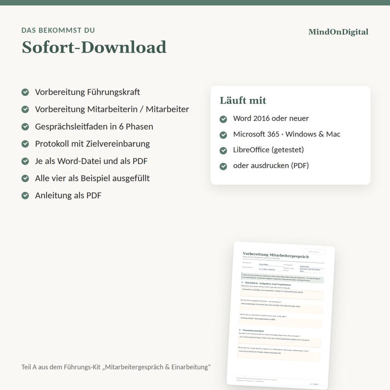 Op de afbeelding: Een digitale downloadset voor functioneringsgesprekken, inclusief gespreksgidsen, protocollen en handleidingen in Word- en PDF-formaat, met een voorbeeld van een formulier getiteld Vorbereitung Mitarbeitergespr&auml;ch.