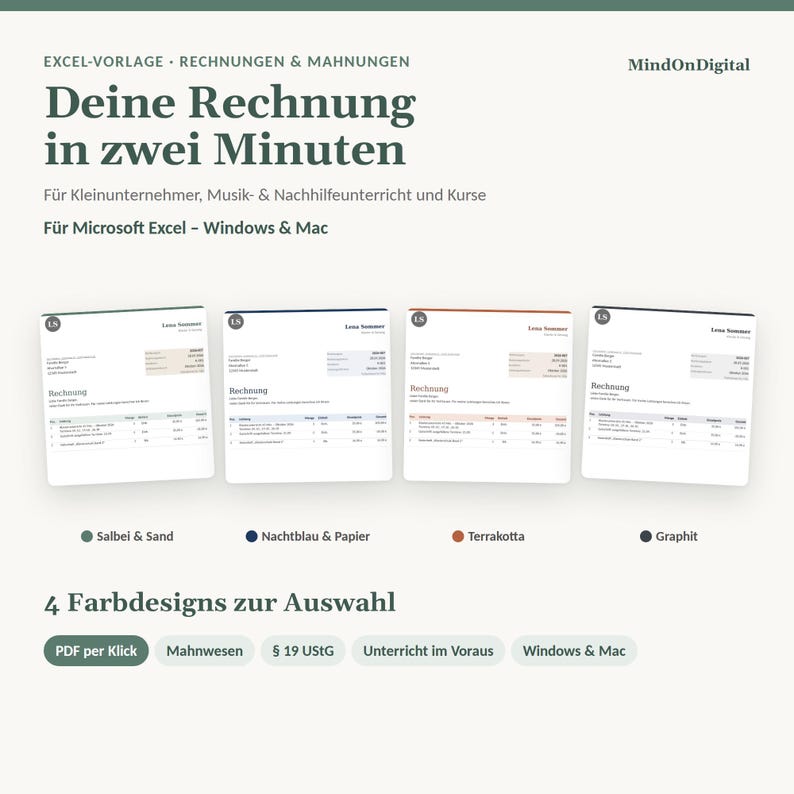 Excel-sjabloonset voor muziekdocenten en -begeleiders | Factuursjabloon § 19 UStG + Lesplanner | Windows & Mac afbeelding 2