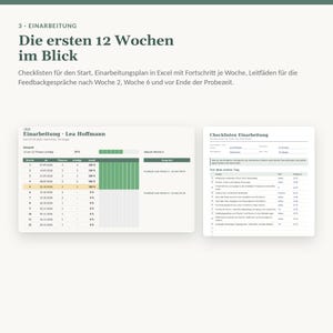 May include: A digital onboarding document titled 3. Einarbeitung Die ersten 12 Wochen im Blick. It features an Excel progress tracker for Lea Hoffmann and a checklist for the first day, displaying tasks, dates, and completion percentages.