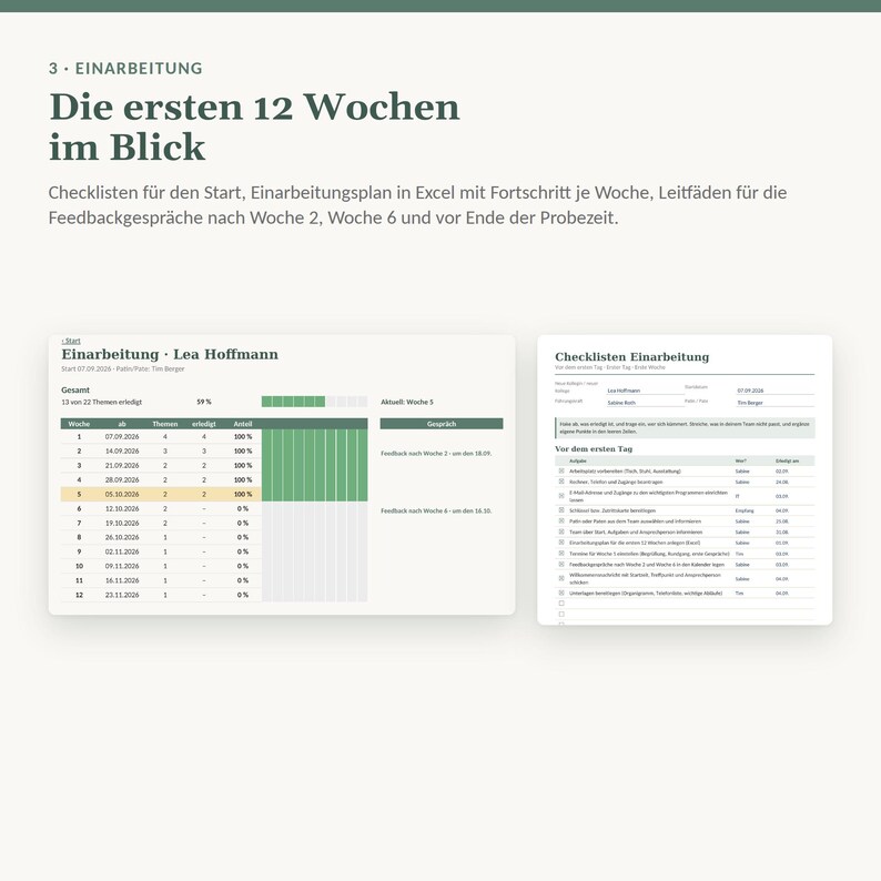 May include: A digital onboarding document titled 3. Einarbeitung Die ersten 12 Wochen im Blick. It features an Excel progress tracker for Lea Hoffmann and a checklist for the first day, displaying tasks, dates, and completion percentages.