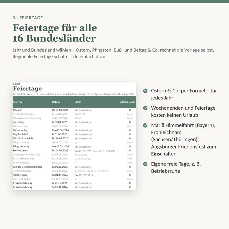 Vacation Planner 2027 Excel for Teams | Public Holidays in all 16 German States | Remaining Vacation Days, Half Days | No Macros Required image 4