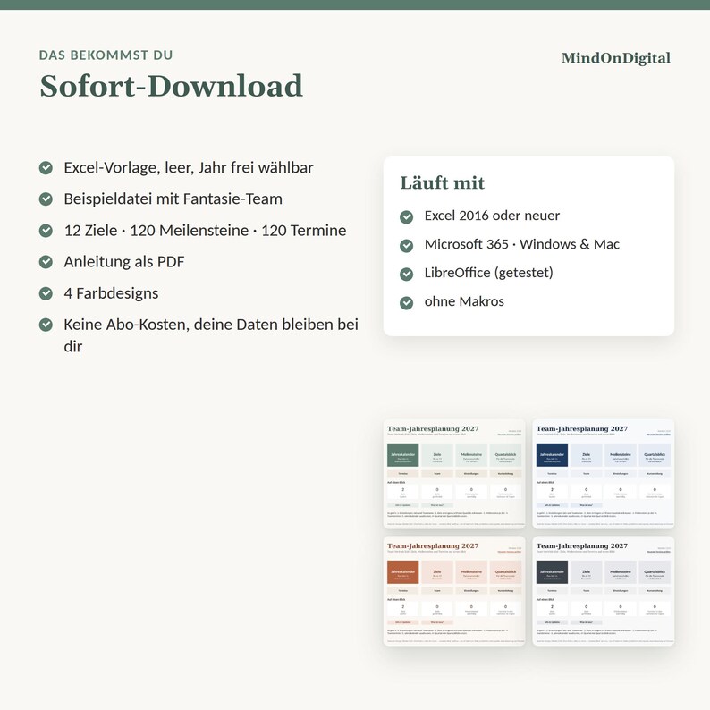May include: A digital planning template for Excel featuring the text Sofort-Download and MindOnDigital. It includes lists of features like Excel templates, 12 goals, 120 milestones, 120 appointments, PDF instructions, and four colour designs shown at the bottom.
