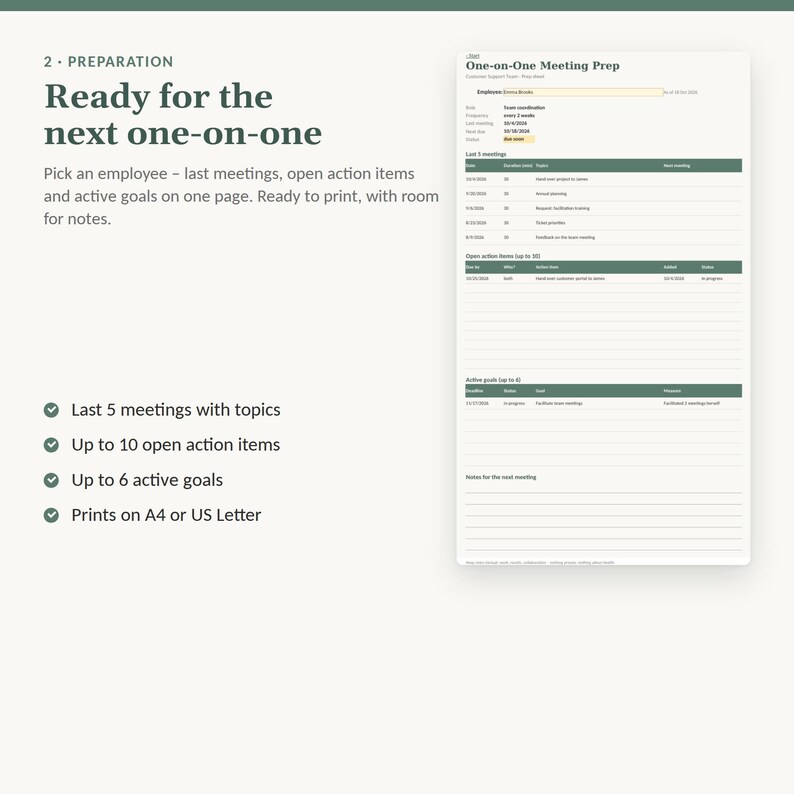 One on One Meeting Template for Managers | Excel Tracker for 1:1 Check-ins, Action Items and Goals | Team Leader, No Macros image 3