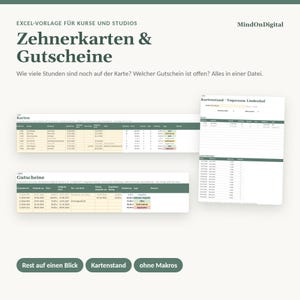 10er Karte Vorlage Excel | Zehnerkarte und Gutschein Vorlage verwalten, Restguthaben, Kartenstand | Yoga Studio, Kursleiter, ohne Makros Bild 1