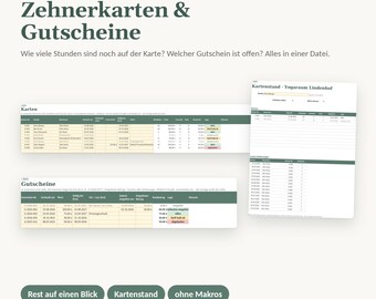 10er Karte Vorlage Excel | Zehnerkarte und Gutschein Vorlage verwalten, Restguthaben, Kartenstand | Yoga Studio, Kursleiter, ohne Makros