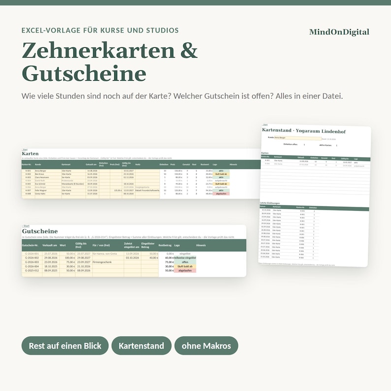 10er Karte Vorlage Excel | Zehnerkarte und Gutschein Vorlage verwalten, Restguthaben, Kartenstand | Yoga Studio, Kursleiter, ohne Makros Bild 1