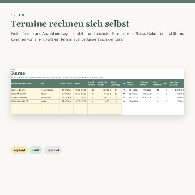 Anwesenheitsliste Excel für Kurse | Kursverwaltung, Teilnehmerliste, Kursgebühren bezahlt/offen | Kursleiter Yoga, Musik, Nachhilfe Bild 3