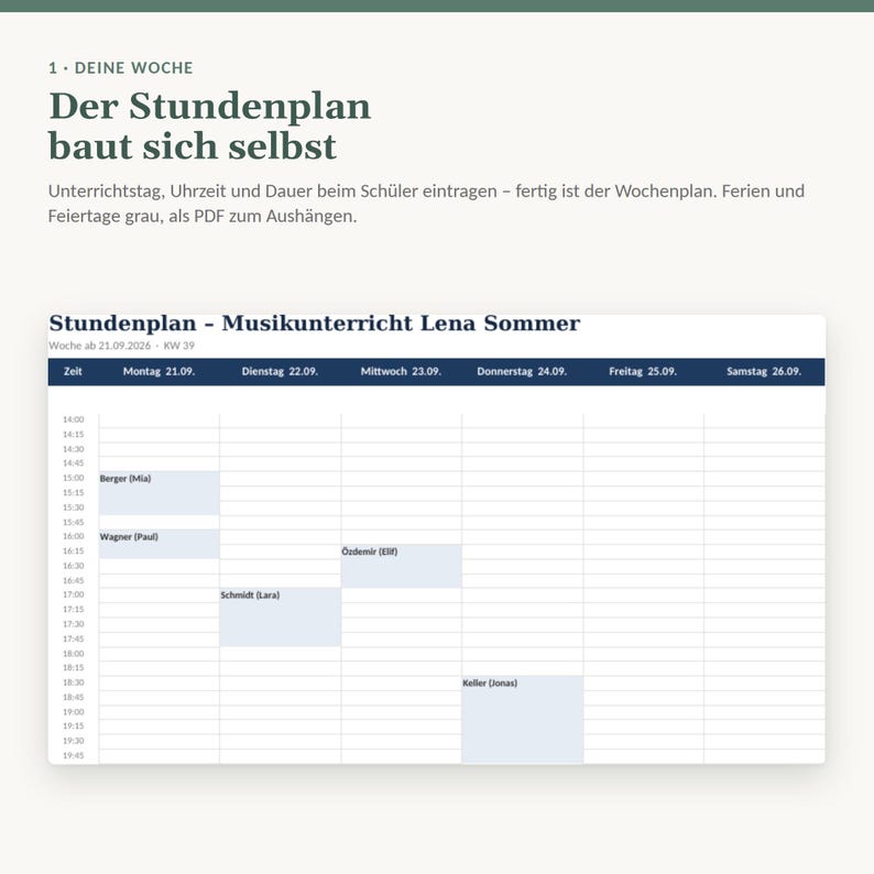 Excel-sjabloonset voor muziekdocenten en -begeleiders | Factuursjabloon § 19 UStG + Lesplanner | Windows & Mac afbeelding 5