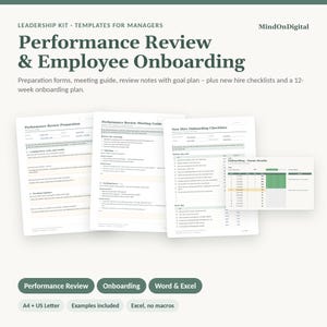 Employee Onboarding Template & Performance Review Template | New Hire Checklist, 12 Week Onboarding Plan, Meeting Guide | Word, Excel