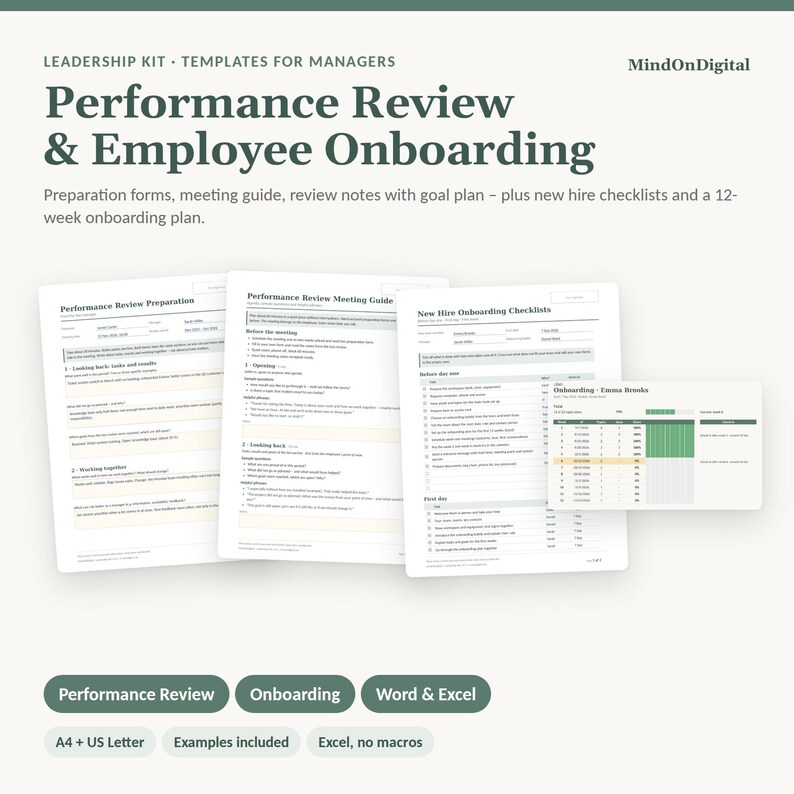 Sjablonen voor functioneringsgesprekken en onboarding van medewerkers in het Engels | Prestatiebeoordeling, onboarding, checklist | Word, Excel, A4 en US Letter afbeelding 1