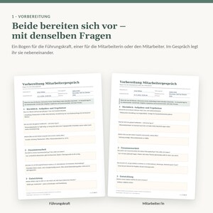 May include: Two white printed forms titled Vorbereitung Mitarbeitergespr&auml;ch, designed for performance reviews. The documents feature sections for tasks, results, collaboration, and development, with text fields for written feedback and notes.