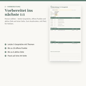 Peut inclure: Un mod&egrave;le num&eacute;rique pour la pr&eacute;paration d'entretiens individuels intitul&eacute; Vorbereitung 1:1-Gespr&auml;ch. Il comprend des sections pour les 5 derniers entretiens, 10 points en suspens et 6 objectifs actifs, le tout sur une page A4 avec des notes.