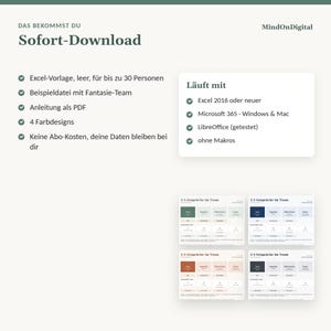 Peut inclure: Une fiche produit num&eacute;rique pour un mod&egrave;le Excel intitul&eacute; Sofort-Download par MindOnDigital. Elle comprend un mod&egrave;le vide pour 30 personnes, un fichier exemple, des instructions PDF et quatre designs de couleur compatibles avec Excel 2016.