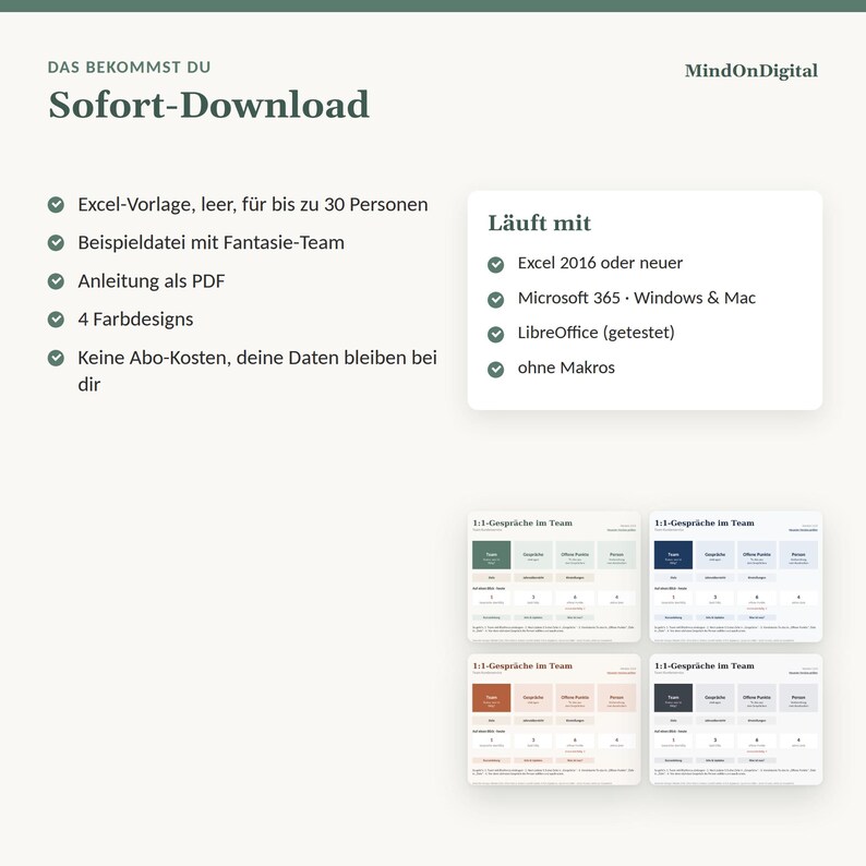 Peut inclure: Une fiche produit num&eacute;rique pour un mod&egrave;le Excel intitul&eacute; Sofort-Download par MindOnDigital. Elle comprend un mod&egrave;le vide pour 30 personnes, un fichier exemple, des instructions PDF et quatre designs de couleur compatibles avec Excel 2016.