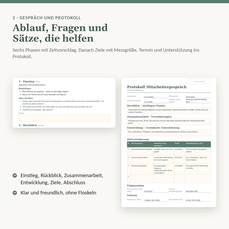 Op de afbeelding: Een document getiteld Protokoll Mitarbeitergespr&auml;ch met secties voor feedback, samenwerking, ontwikkeling en doelstellingen. De lay-out bevat velden voor namen, datums en een tabel voor het bijhouden van doelen, naast een gids voor gespreksfasen.