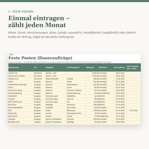 Może przedstawiać: Cyfrowy arkusz kalkulacyjny zatytułowany Feste Posten (Dauerauftr&auml;ge) z kolumnami opisującymi typ, kategorię, podkategorię, kwotę w euro, częstotliwość, pierwszą i ostatnią płatność dla cyklicznych wydatk&oacute;w miesięcznych, kwartalnych i rocznych.
