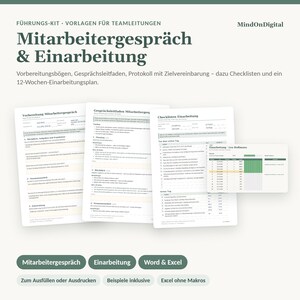 May include: A digital leadership kit titled Mitarbeitergespr&auml;ch & Einarbeitung by MindOnDigital, featuring printable templates, conversation guides, checklists, and a 12-week onboarding plan in Word and Excel formats for team management.