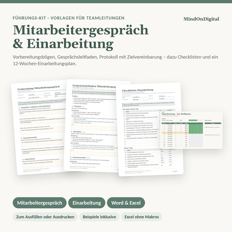 May include: A digital leadership kit titled Mitarbeitergespr&auml;ch & Einarbeitung by MindOnDigital, featuring printable templates, conversation guides, checklists, and a 12-week onboarding plan in Word and Excel formats for team management.
