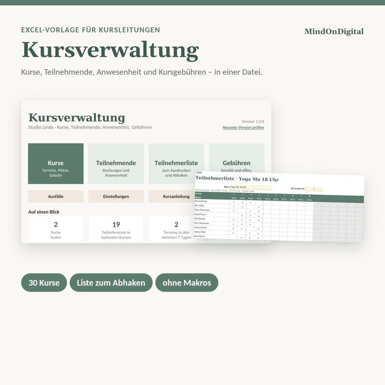 Anwesenheitsliste Excel für Kurse | Kursverwaltung, Teilnehmerliste, Kursgebühren bezahlt/offen | Kursleiter Yoga, Musik, Nachhilfe Bild 5