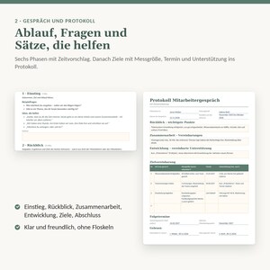 May include: A document titled Protokoll Mitarbeitergespr&auml;ch featuring sections for review, collaboration, development, and goal setting. The form includes fields for names, dates, and a table for tracking objectives, deadlines, and support requirements.