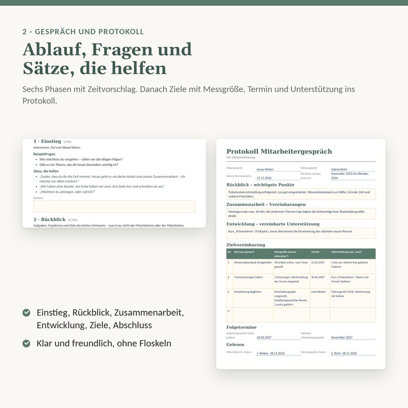 May include: A document titled Protokoll Mitarbeitergespr&auml;ch featuring sections for review, collaboration, development, and goal setting. The form includes fields for names, dates, and a table for tracking objectives, deadlines, and support requirements.