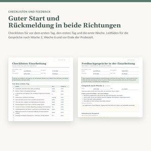 Peut inclure: Deux documents blancs intitul&eacute;s Checklisten Einarbeitung et Feedbackgespr&auml;che in der Einarbeitung avec du texte noir, des cases &agrave; cocher et des tableaux pour les t&acirc;ches d'int&eacute;gration et les entretiens de feedback sur fond clair.