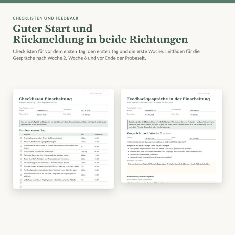 Peut inclure: Deux documents blancs intitul&eacute;s Checklisten Einarbeitung et Feedbackgespr&auml;che in der Einarbeitung avec du texte noir, des cases &agrave; cocher et des tableaux pour les t&acirc;ches d'int&eacute;gration et les entretiens de feedback sur fond clair.