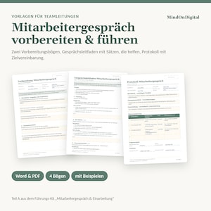 Op de afbeelding: Een digitale documentenset getiteld Vorlagen f&uuml;r Teamleitungen Mitarbeitergespr&auml;ch vorbereiten & f&uuml;hren, bestaande uit drie witte pagina's met zwarte tekst, inclusief voorbereidingsbladen, een gespreksgids en een protocol voor doelafspraken.