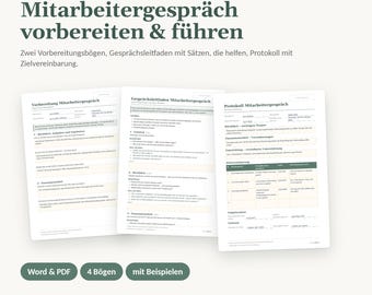 以下が含まれることがあります： Vorlagen für Teamleitungen Mitarbeitergespräch vorbereiten & führenというタイトルのデジタルドキュメントセット。黒いテキストが記載された3枚の白いページで構成され、準備シート、会話ガイド、目標合意プロトコルが含まれています。