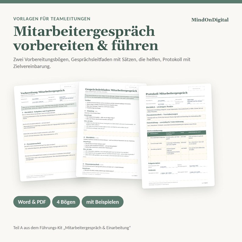Op de afbeelding: Een digitale documentenset getiteld Vorlagen f&uuml;r Teamleitungen Mitarbeitergespr&auml;ch vorbereiten & f&uuml;hren, bestaande uit drie witte pagina's met zwarte tekst, inclusief voorbereidingsbladen, een gespreksgids en een protocol voor doelafspraken.
