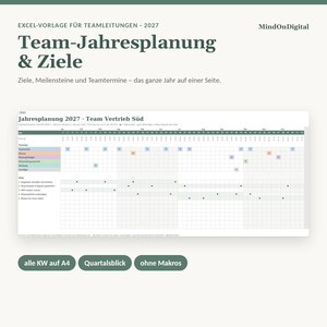 Op de afbeelding: Een Excel-sjabloon voor teamplanning 2027 getiteld Team-Jahresplanung & Ziele. Het bevat een kalenderraster voor het bijhouden van afspraken, mijlpalen en doelen, met labels zoals alle KW auf A4, Quartalsblick en ohne Makros.