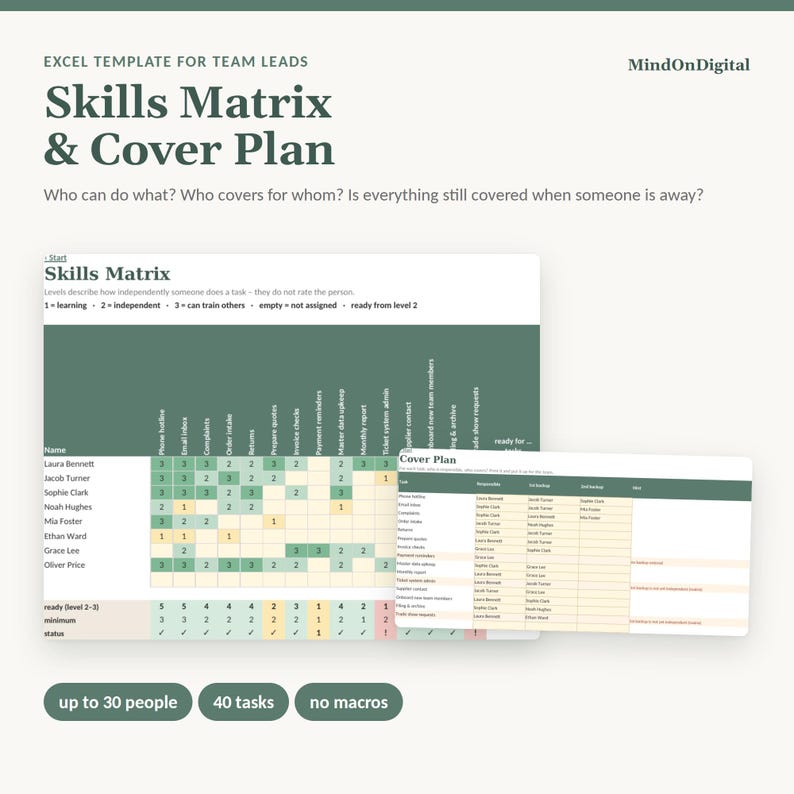Skills Matrix Template Excel | Training Matrix & Cover Plan, Employee Training Tracker, Cross Training | Team Lead, No Macros image 1