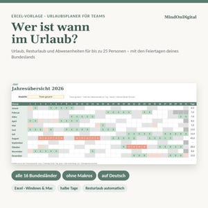Vacation Planner 2027 Excel for Teams | Public Holidays in all 16 German States | Remaining Vacation Days, Half Days | No Macros Required image 1