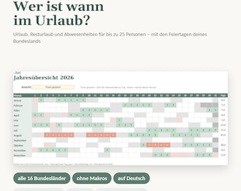 Vacation Planner 2027 Excel for Teams | Public Holidays in all 16 German States | Remaining Vacation Days, Half Days | No Macros Required