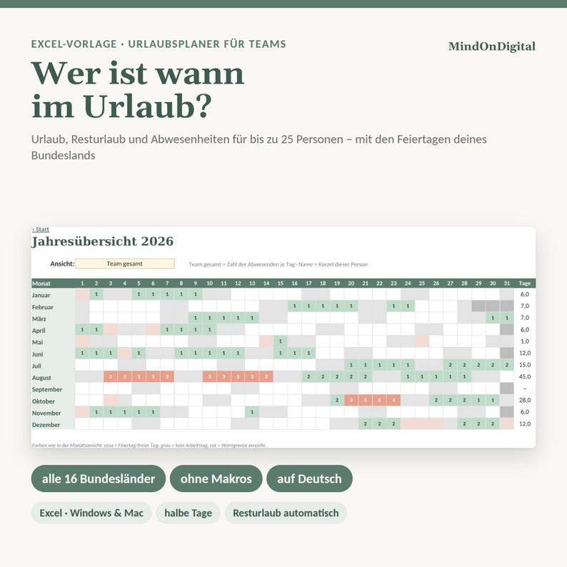 Vacation Planner 2027 Excel for Teams | Public Holidays in all 16 German States | Remaining Vacation Days, Half Days | No Macros Required image 1