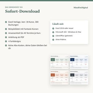 Anwesenheitsliste Excel für Kurse | Kursverwaltung, Teilnehmerliste, Kursgebühren bezahlt/offen | Kursleiter Yoga, Musik, Nachhilfe Bild 1