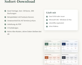 Op de afbeelding: Een digitale download-sjabloon voor cursusbeheer in Excel, met lijsten van functies en systeemvereisten. Bevat vier kleurgecodeerde dashboardontwerpen voor het bijhouden van 30 cursussen en 300 boekingen, inclusief PDF-instructies en geen macro's.