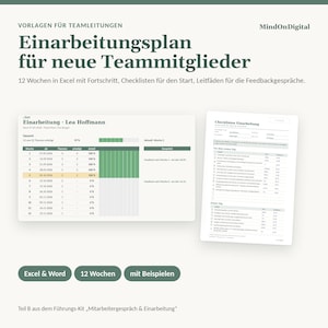 Op de afbeelding: Een sjabloon voor een inwerkplan voor nieuwe teamleden van MindOnDigital, met een 12-weken Excel-voortgangstracker en een checklist-document. De lay-out bevat Duitse tekst, voortgangsbalken en takenlijsten voor werknemersintegratie.