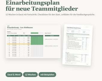May include: A digital onboarding plan template for new team members by MindOnDigital, featuring a 12-week Excel progress tracker and a checklist document. The layout includes text in German, progress bars, and task lists for employee integration.