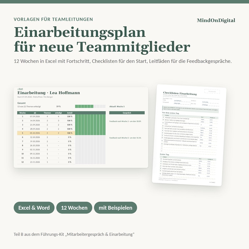 Peut inclure: Un mod&egrave;le de plan d'int&eacute;gration pour nouveaux membres d'&eacute;quipe par MindOnDigital, comprenant un suivi de progression Excel sur 12 semaines et un document de liste de contr&ocirc;le. Le design inclut du texte en allemand, des barres de progression.