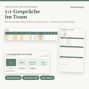 Op de afbeelding: Een Excel-sjabloon voor teammanagement getiteld 1:1-Gespräche im Team van MindOnDigital. Het bevat een dashboard, een team-trackingtabel met statuskleuren en een voorbereidingsblad voor één-op-één gesprekken voor maximaal 30 personen.