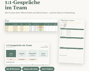 Könnte beinhalten: Eine Excel-Vorlage für Teamleitungen mit dem Titel 1:1-Gespräche im Team von MindOnDigital. Sie enthält ein Dashboard, eine Team-Übersichtstabelle mit farbigen Statusanzeigen und ein Vorbereitungsblatt für Mitarbeitergespräche für bis zu 30 Personen.