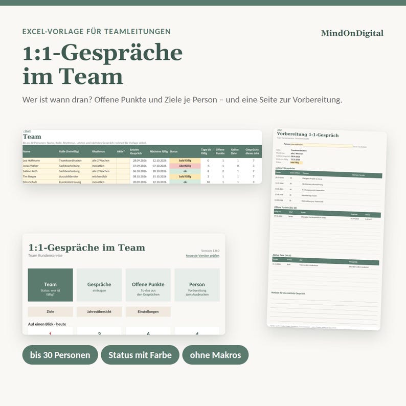 Peut inclure: Un mod&egrave;le Excel pour la gestion d'&eacute;quipe intitul&eacute; 1:1-Gespr&auml;che im Team par MindOnDigital. Il comprend un tableau de bord, un tableau de suivi d'&eacute;quipe avec des codes couleur et une fiche de pr&eacute;paration pour les entretiens individuels.