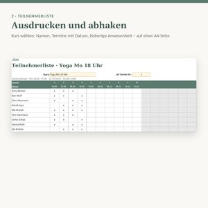 Anwesenheitsliste Excel für Kurse | Kursverwaltung, Teilnehmerliste, Kursgebühren bezahlt/offen | Kursleiter Yoga, Musik, Nachhilfe Bild 4