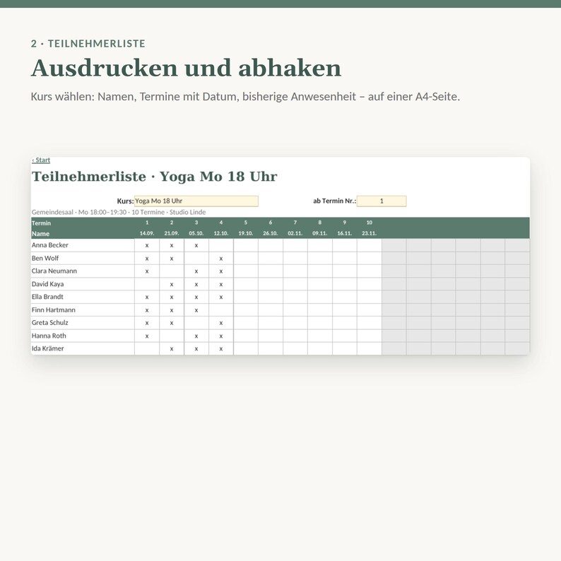 Anwesenheitsliste Excel für Kurse | Kursverwaltung, Teilnehmerliste, Kursgebühren bezahlt/offen | Kursleiter Yoga, Musik, Nachhilfe Bild 4